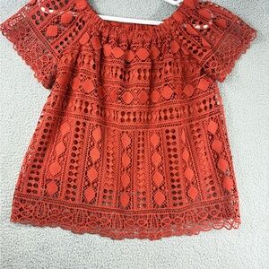 Maurices Rust Orange Crocheted Lace Off Shoulder Top Boho Cottage Core